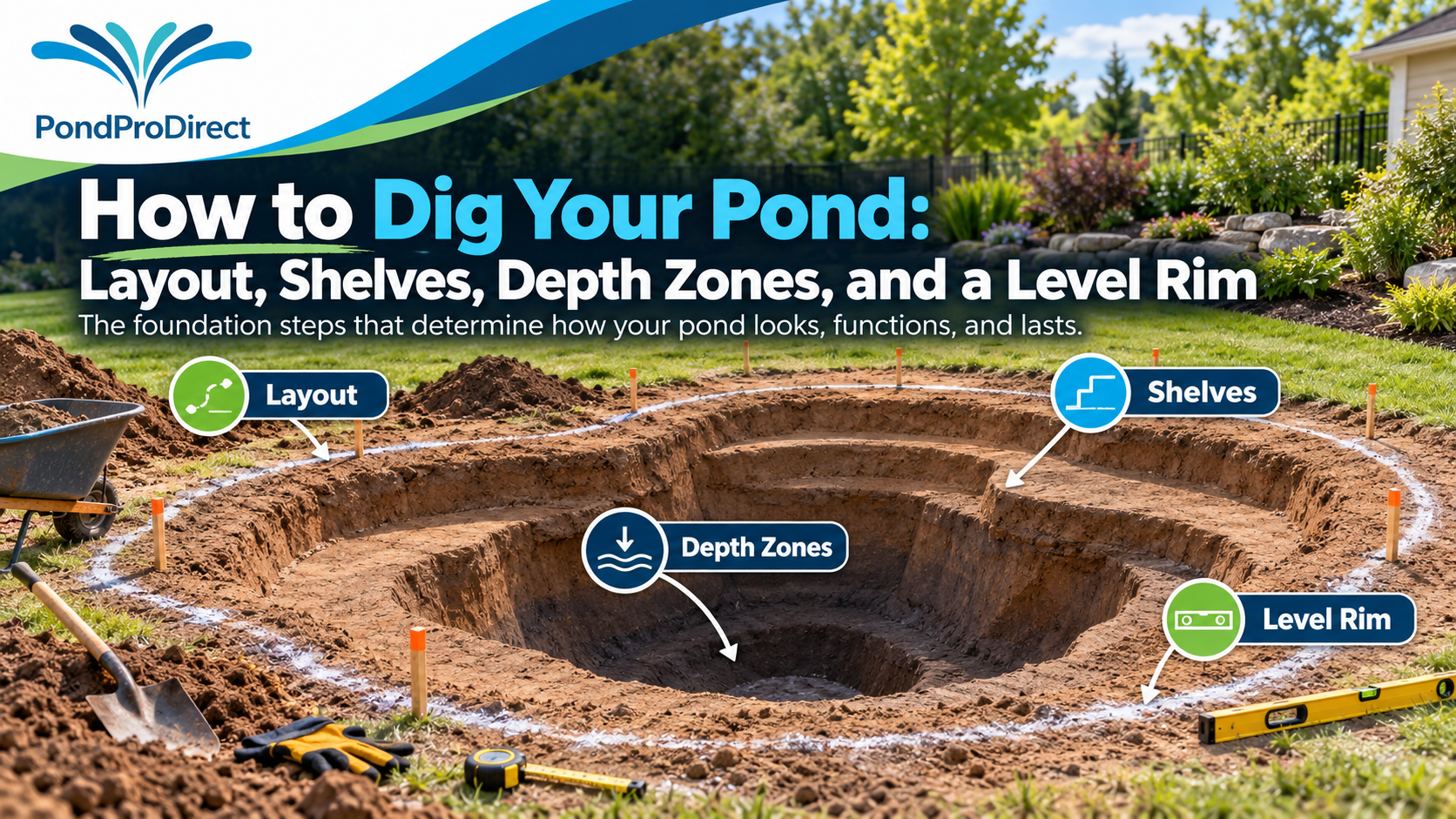 How to Dig Your Pond: Layout, Shelves, Depth Zones, and a Level Rim