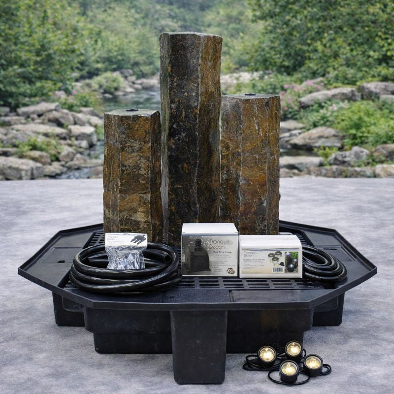EasyPro HBR3CSL 3-Column Polished Basalt Fountain Kit – 20", 27" & 35" with Basin, Pump & LED Lights