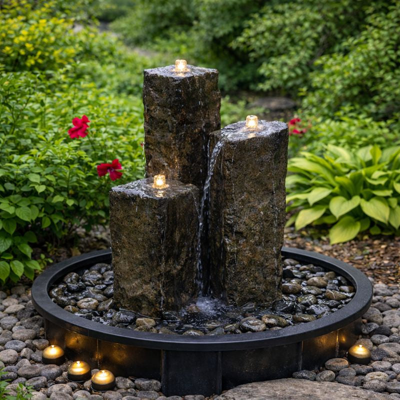 EasyPro HBS3CSL 3 Natural Top Basalt Column Kit – 20", 27" & 35" with Basin, Pump & LED Lights