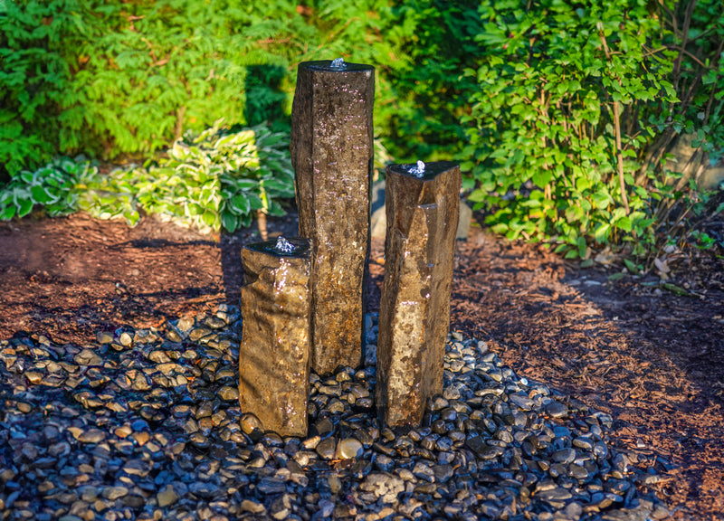 EasyPro HBR3CSL 3-Column Polished Basalt Fountain Kit – 20", 27" & 35" with Basin, Pump & LED Lights