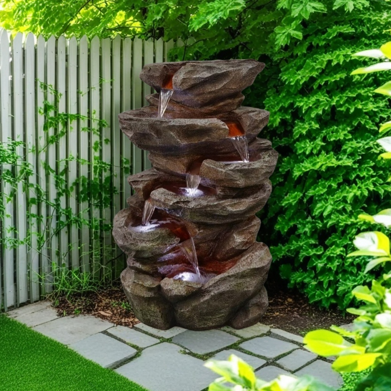 Large Rock Waterfall Fountain | Waterproof Resin Garden Feature with LED Lights