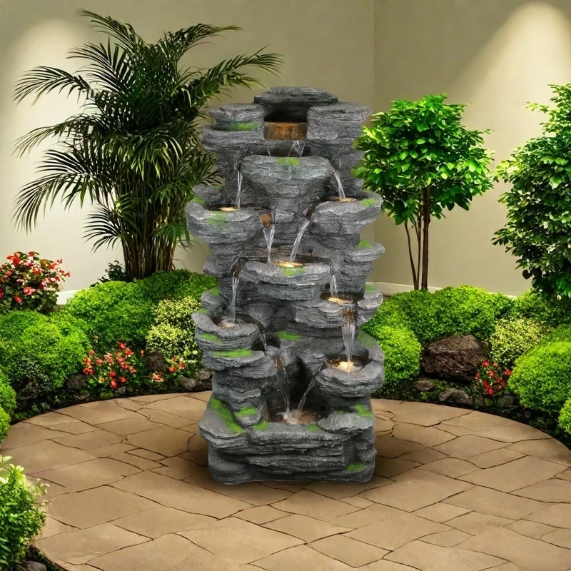 Large Rock Waterfall Fountain | Waterproof Resin Garden Feature with LED Lights